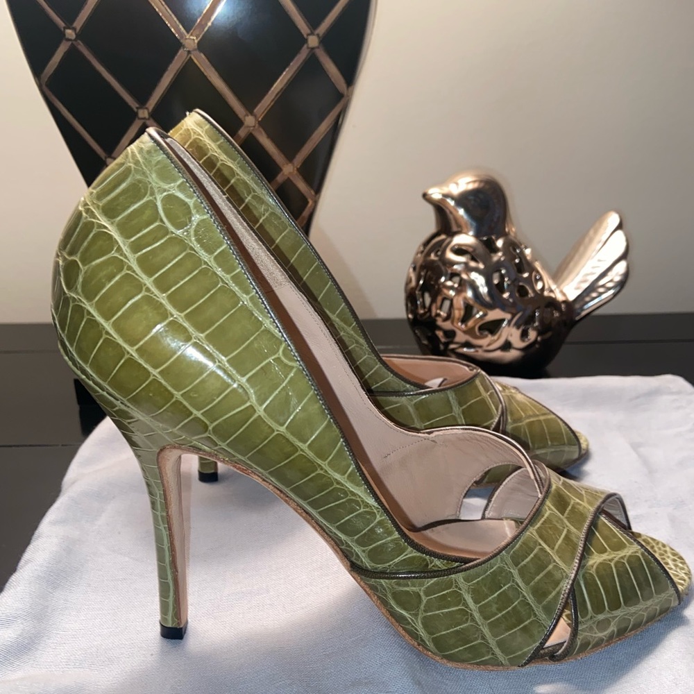 Manolo Blahnik alligator peep toe pumps